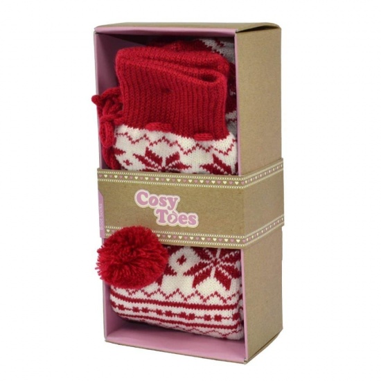 Cosy Toes Red & White Knit Ladies Jacquard Boot Slipper Socks Size UK 4-7