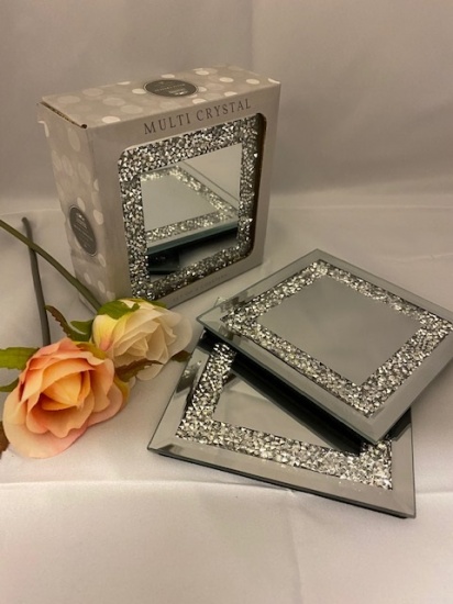 Crushed Crystal Diamante Mirrored Glass Coasters Set of 4