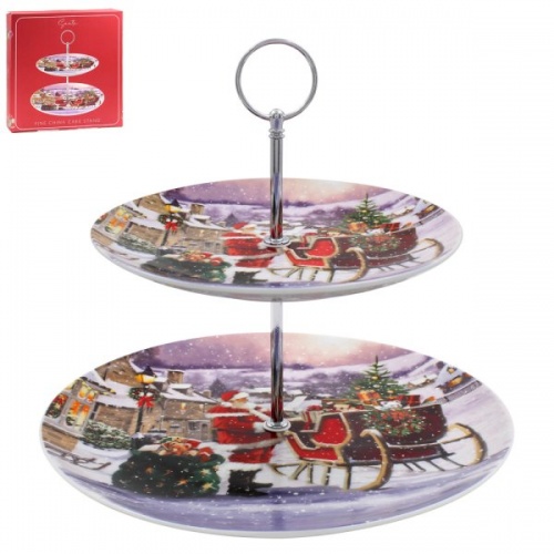 Santa Christmas 2 Tier China Cake Stand Festive Scene