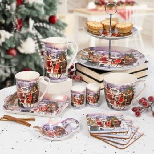 Santa Christmas 2 Tier China Cake Stand Festive Scene