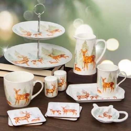 Forest Family Deer and Stag Winter Scene Set of 2 Fine China Mugs Gift Boxed