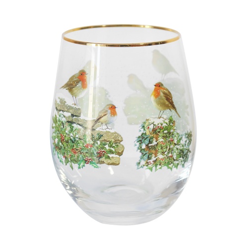 Christmas Robins Stemless Gin Glass Large Tumbler Gift Boxed