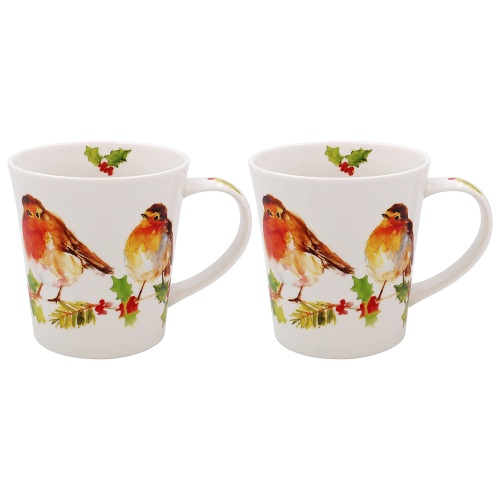 Winter Robin Festive Set of 2 Mugs Gift Boxed