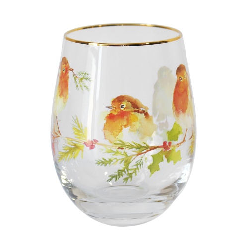 Winter Robins Stemless Gin Glass Large Tumbler Gift Boxed