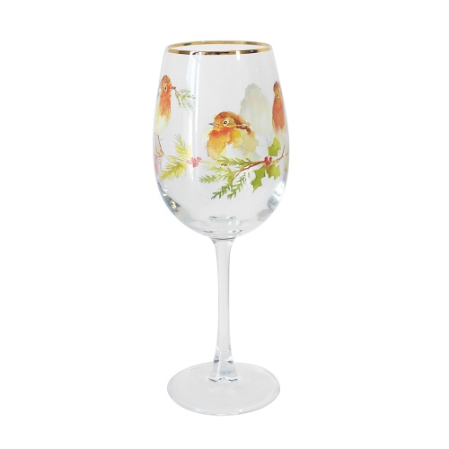 Winter Robin Wine Glass Festive Robins