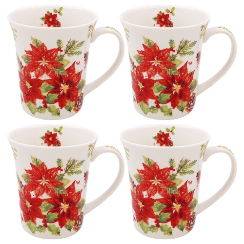 Poinsettia Set of 4 Fine China Mugs Gift Boxed - Festive Christmas