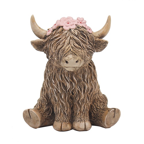 Highland Cow with Pink Flowers Sitting Ornament Figurine