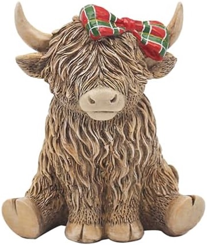 Highland Cow with Tartan Hair bow Sitting Ornament Figurine