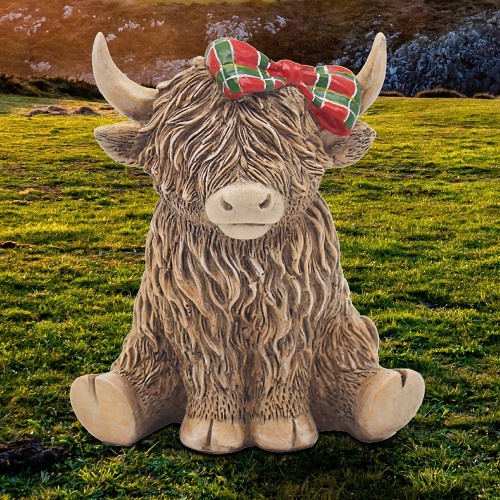 Highland Cow with Tartan Hair bow Sitting Ornament Figurine