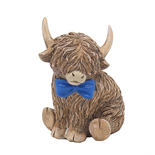 Highland Cow with Blue Dickie Bow Sitting Ornament Figurine