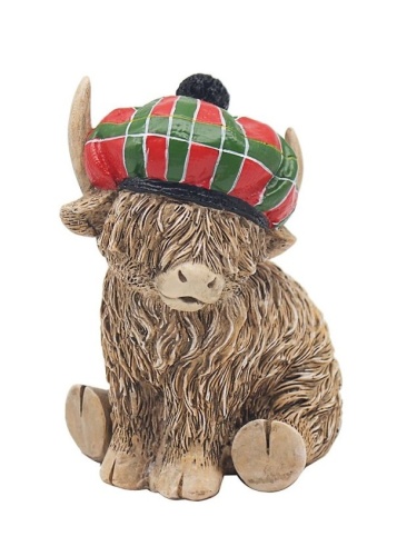 Highland Cow with Tartan Hat Sitting Ornament Figurine