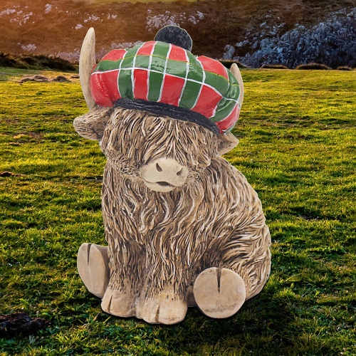 Highland Cow with Tartan Hat Sitting Ornament Figurine