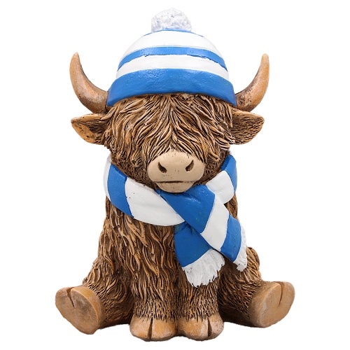 Highland Cow with Blue & White Striped Hat & Scarf Sitting Ornament Figurine