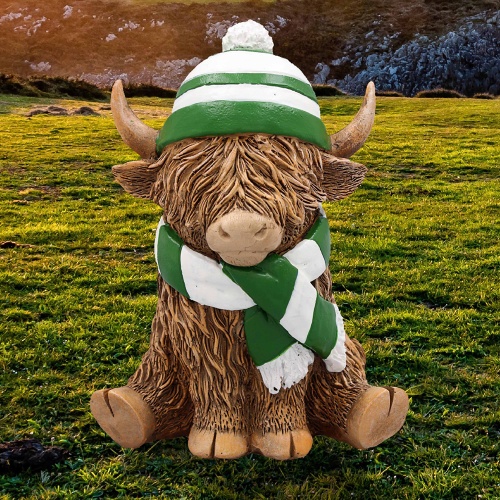 Highland Cow with Green & White Striped Hat & Scarf Sitting Ornament Figurine