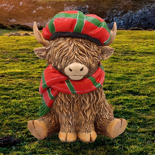 Highland Cow with Tartan Hat and Scarf Sitting Ornament Figurine