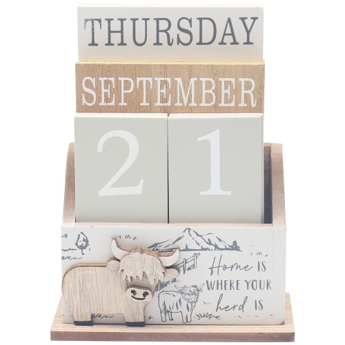 Highland Cow Perpetual Wooden Block Calendar