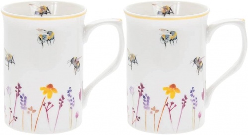 Busy Bees Floral Set Of 2 Fine China Mugs Gift Boxed
