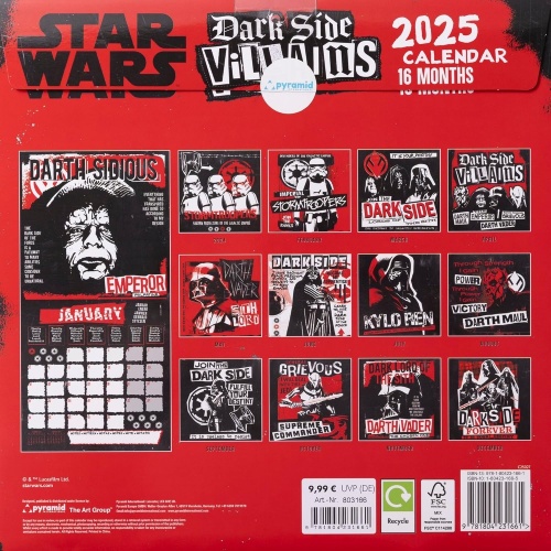 Disney Star Wars Dark Side Villains 2025 Wall Calendar