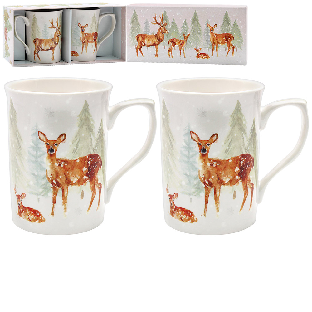 Forest Family Deer and Stag Winter Scene Set of 2 Fine China Mugs Gift Boxed