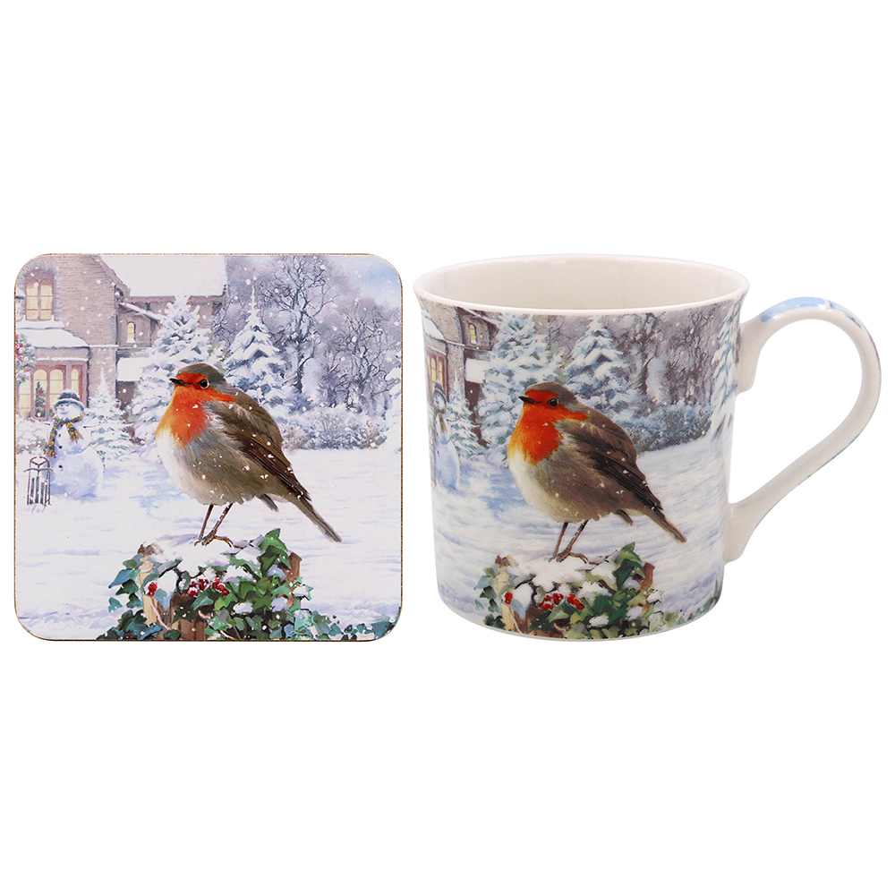 Festive Robins Christmas Mug and Coaster Set