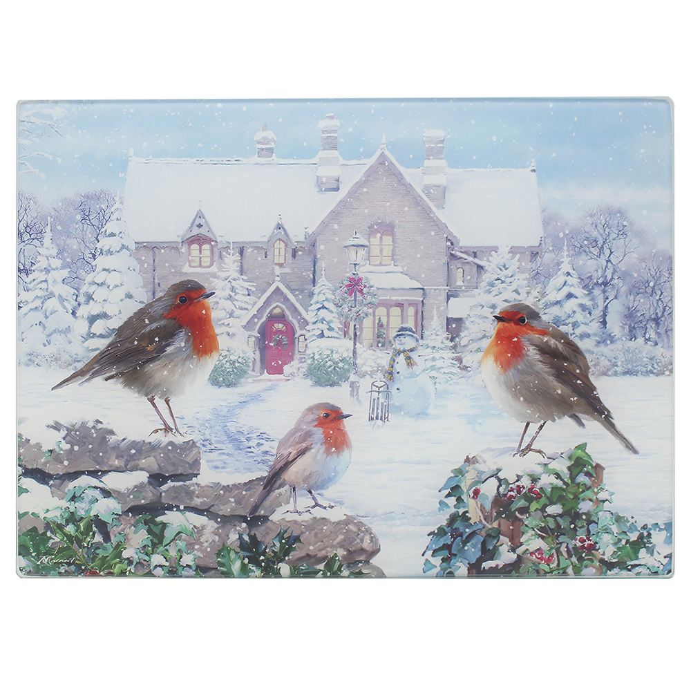 Christmas Festive Robins Scene Glass Cutting Chopping Board Worktop Saver