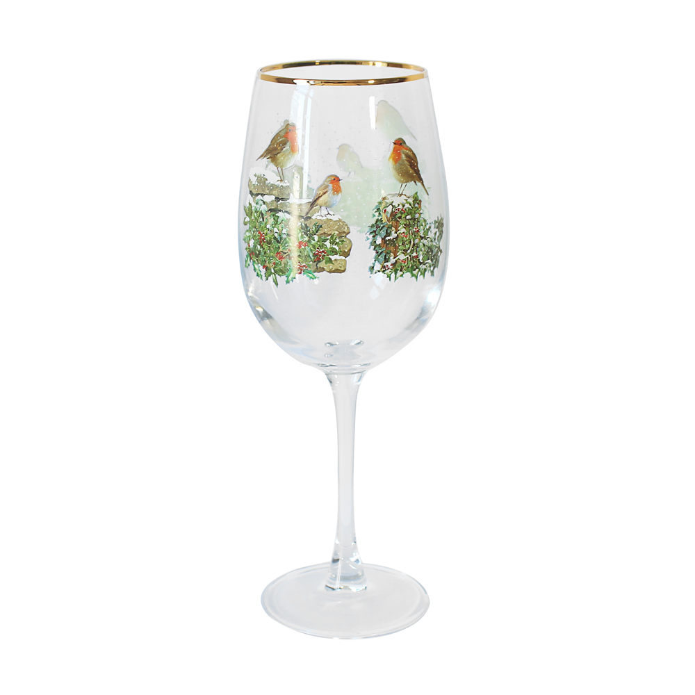 Christmas Robin Wine Glass Festive Robins