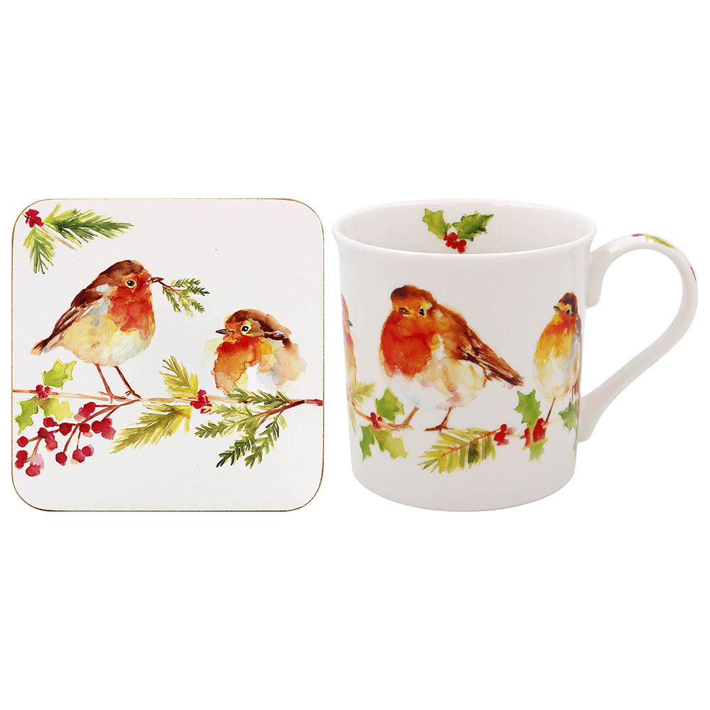 Winter Robins Mug and Coaster Set Gift Boxed