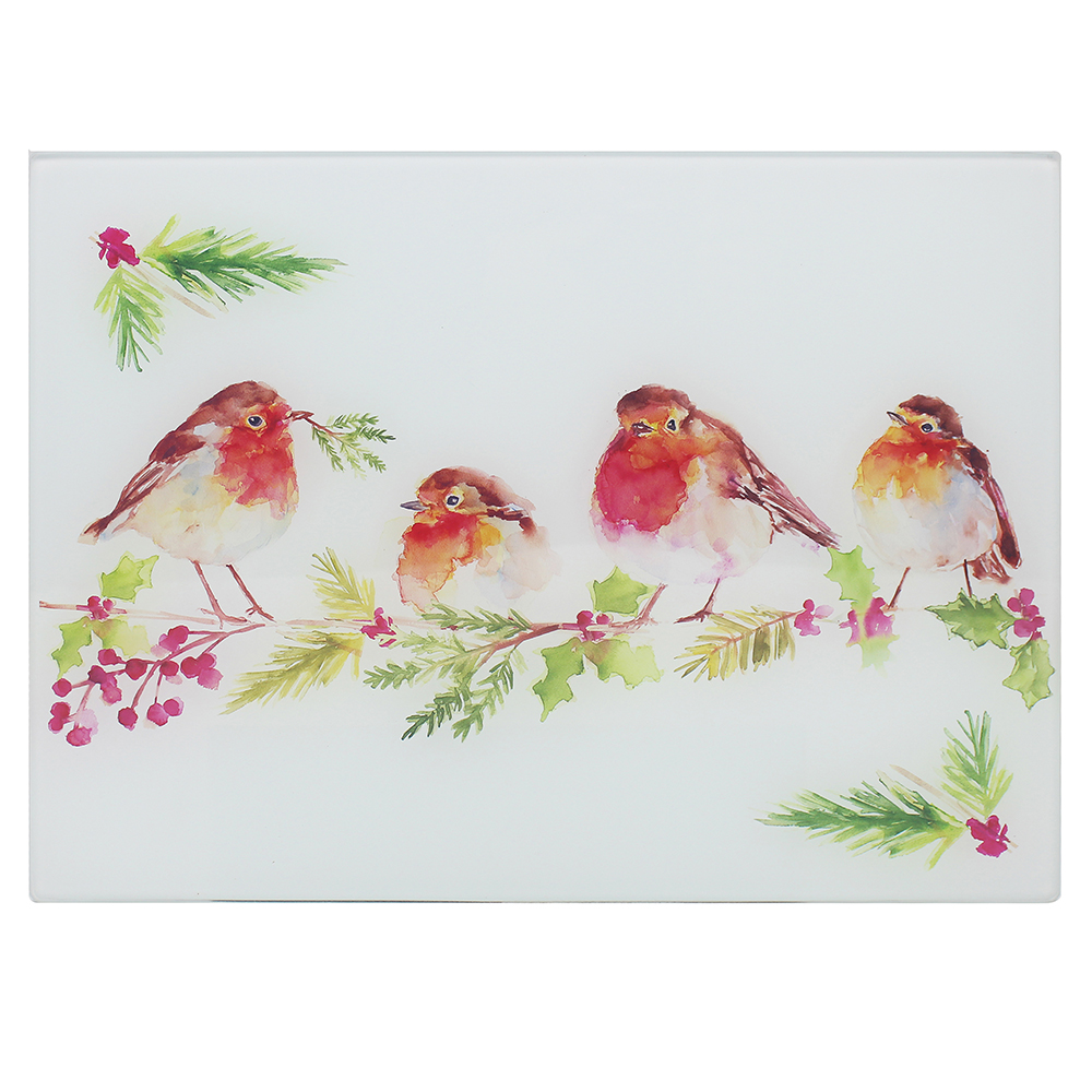 Winter Robin Christmas Glass Cutting Chopping Board Worktop Saver