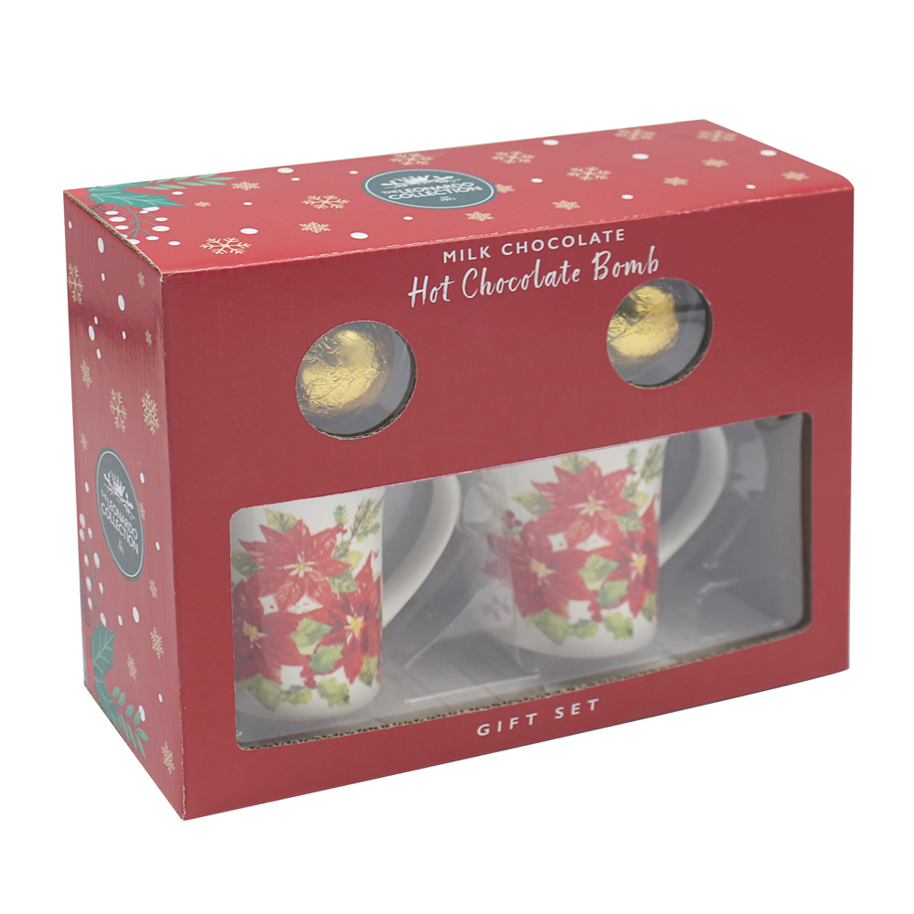 Poinsettia Christmas Set of 2 Mugs with Hot Chocolate Bomb Gift Set