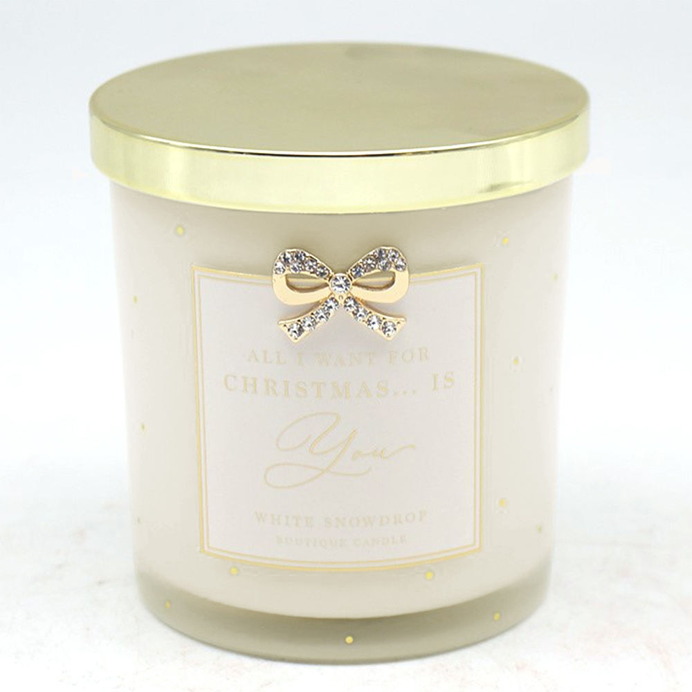 White Snowdrop Christmas Boutique Jar Candle with Bow Embellishment