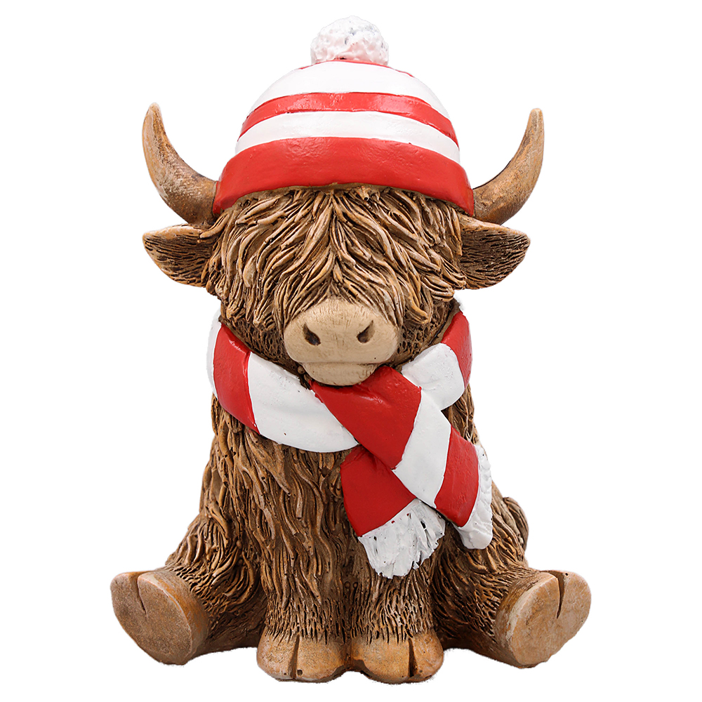 Highland Cow with Red & White Striped Hat & Scarf Sitting Ornament Figurine