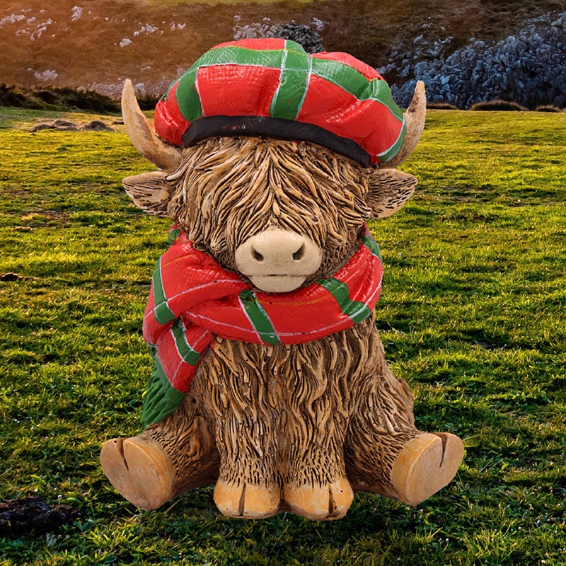 Highland Cow with Tartan Hat and Scarf Sitting Ornament Figurine