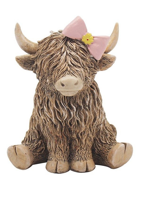 Highland Cow with Pink Hair bow Sitting Ornament Figurine