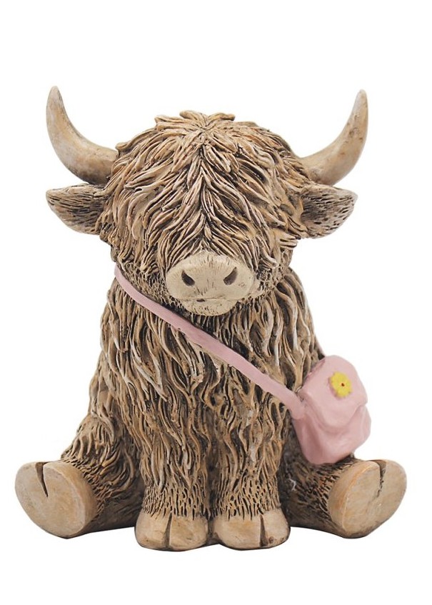 Highland Cow with Pink Handbag Sitting Ornament Figurine