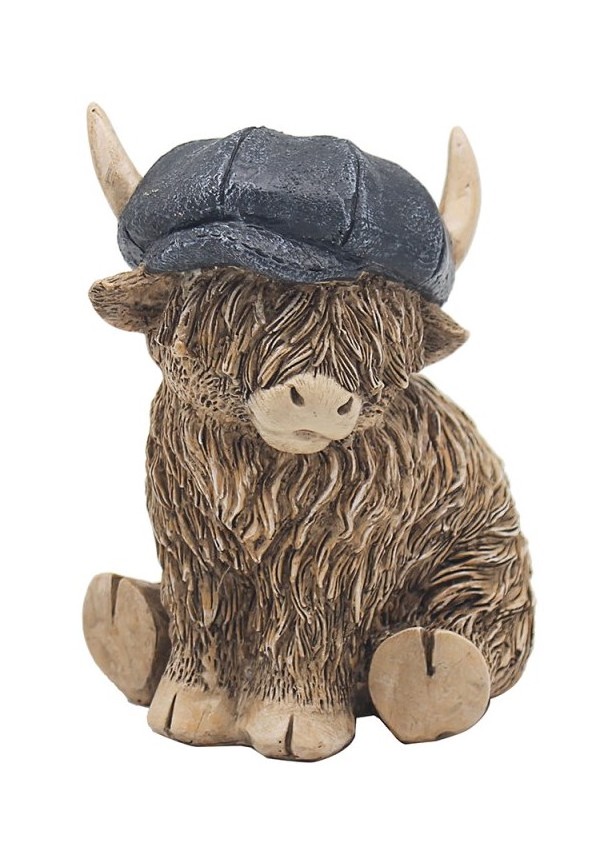 Highland Cow with Flat Cap Sitting Ornament Figurine