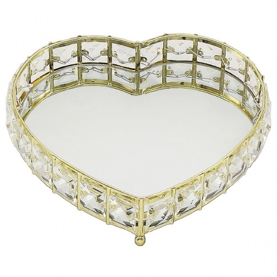 Gold Heart Shape Mirror Diamante Jewel Tray Plate Jewelled Candle Plate Dish