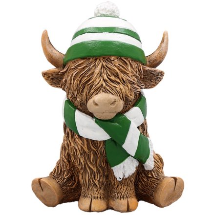 Highland Cow with Green & White Striped Hat & Scarf Sitting Ornament Figurine