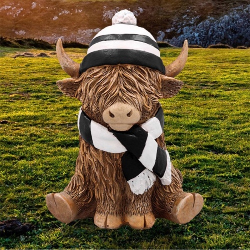 Highland Cow with Black & White Striped Hat & Scarf Sitting Ornament Figurine