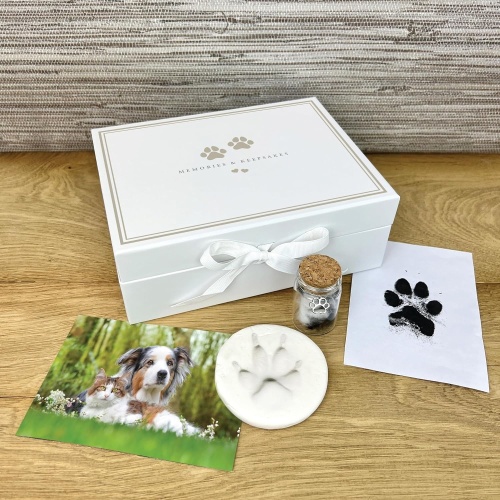 Pet Keepsake Kit - Memory Box, Clay Paw Print Impression, Fur Keepsake Bottle, Ink Pad Kit