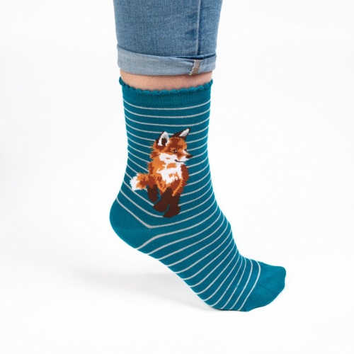 Wrendale Born To Be Wild Fox Teal Striped Bamboo Socks