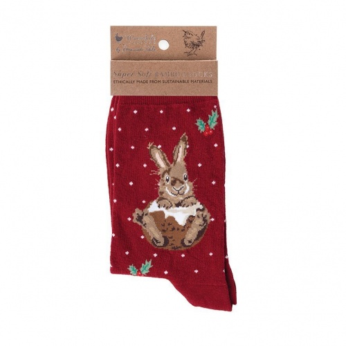 Wrendale Little Pudding Bunny Red Bamboo Womens Christmas Socks with Gift Bag