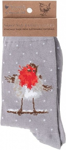 Wrendale Designs Jolly Robin Grey Christmas Bamboo Women's Socks with Gift Bag